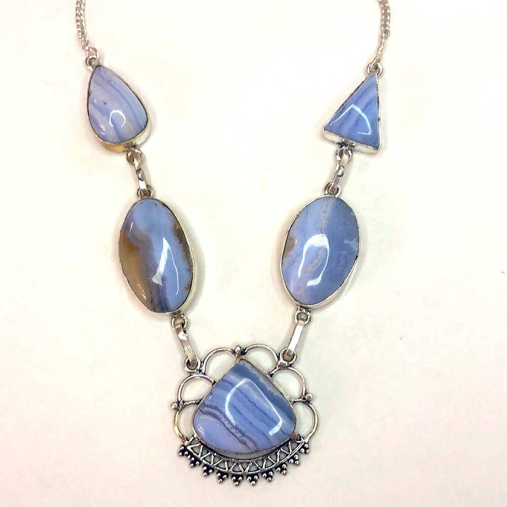 Sterling Silver 925 Lace Agate Gemstone Necklace